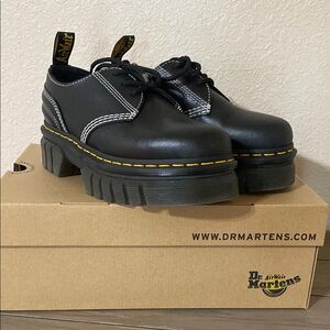 Dr. Martens Black Platform Lace-Up Shoes with Yellow Stitching